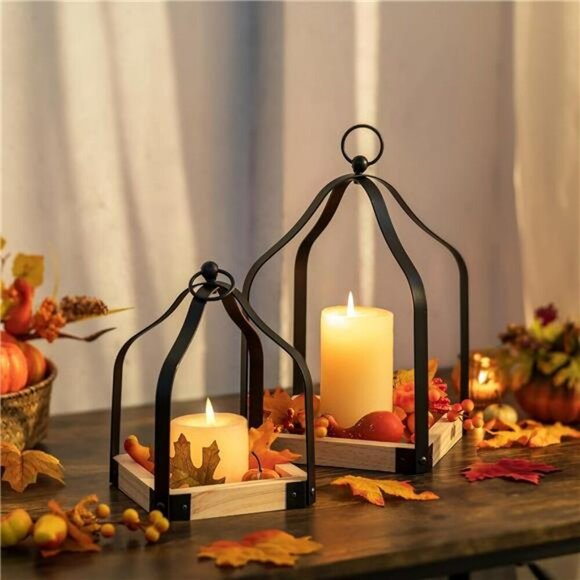 Romadedi Farmhouse Lantern Set Rustic Wood Candle Holders Home Table Decor - Picture 6 of 8